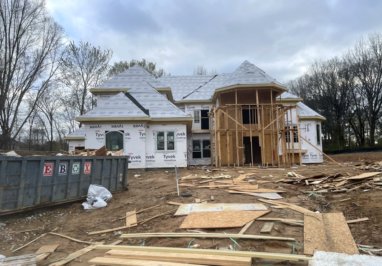 Framing stage of a two-story new construction home