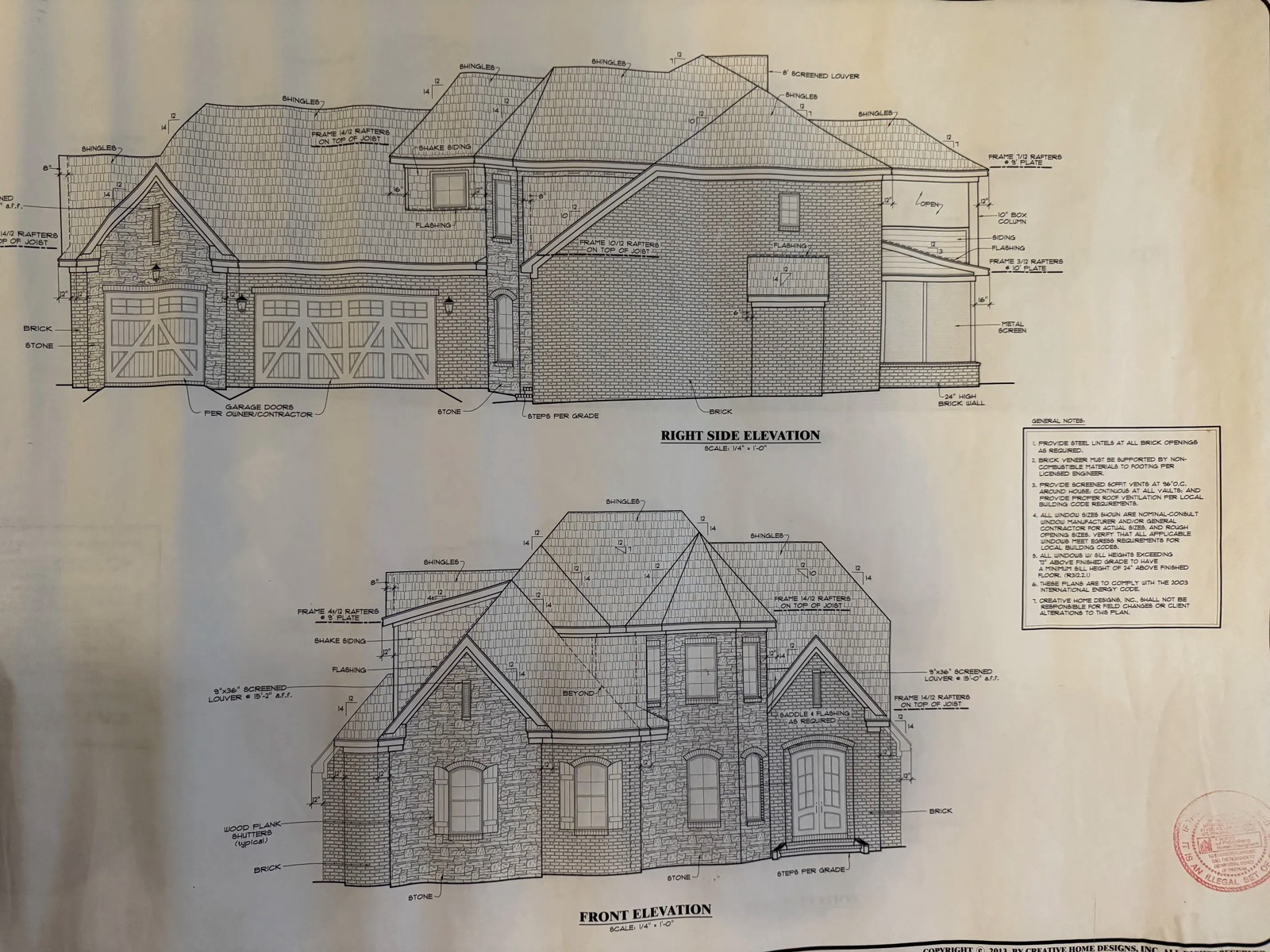 Full architectural elevation drawing sheet for the stone and brick two-story home